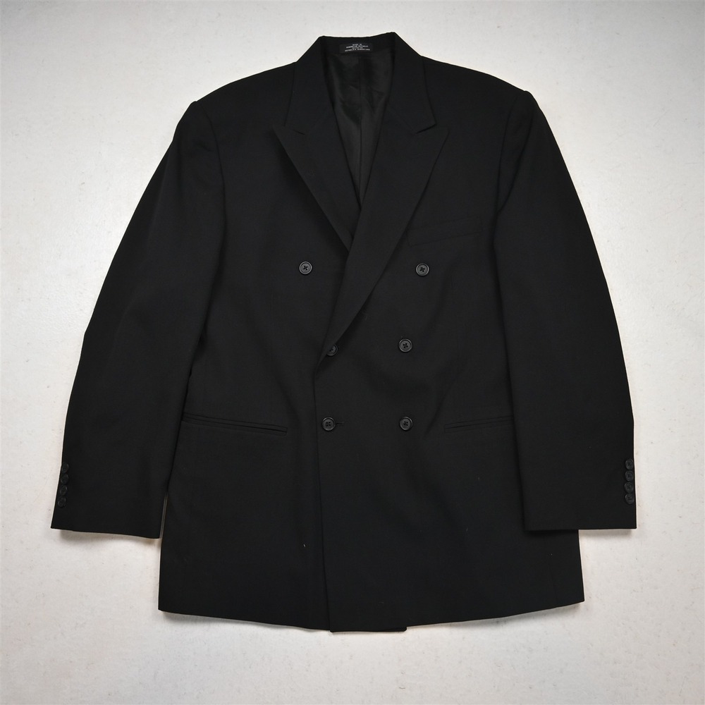 Vtg Mens Double Breasted 42R Black Wool Mens Blazer Suit Jacket Sport Coat